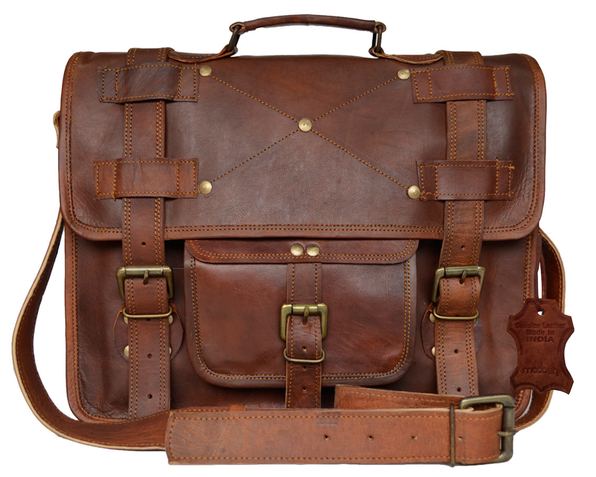 Men's Genuine Leather Brown Briefcase Laptop Crossbody Office Bag